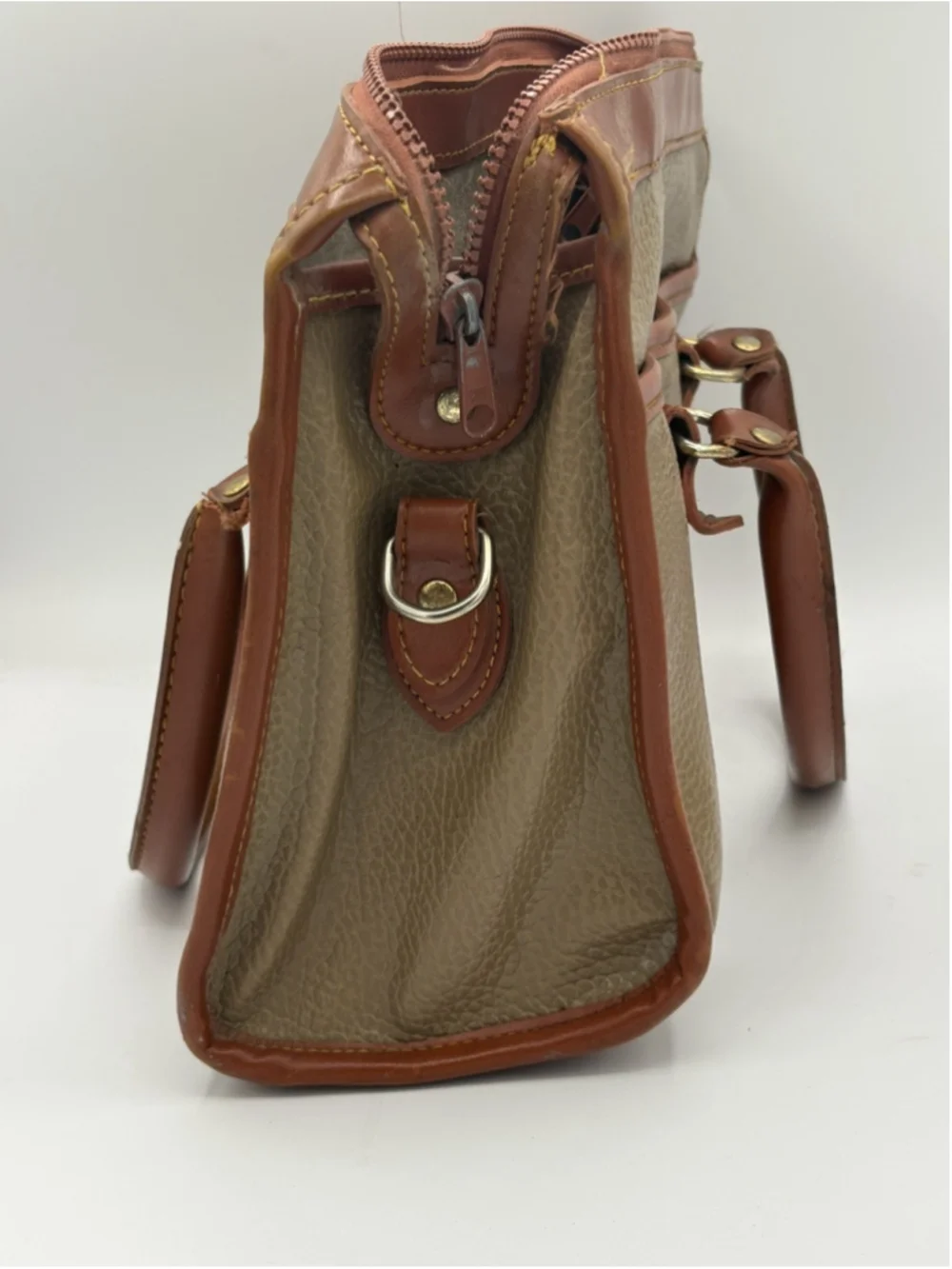 Dooney & Bourke Brown Olive Satchel Bag with Logo, Bag Charm, Zip, Gold Hardware